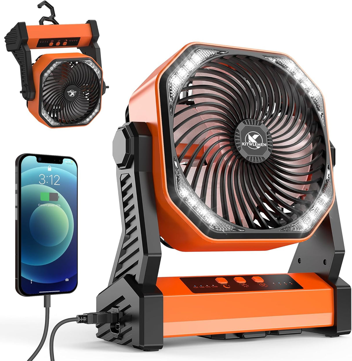 KITWLEMEN 20.000 mAh batteriebetriebener Campingventilator – max. 58 Stunden Kühlung, wiederaufladbarer, batteriebetriebener Tischventilator mit 4 Geschwindigkeiten, helles Licht und Haken zum