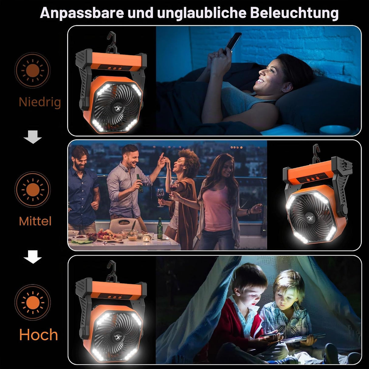 KITWLEMEN 20.000 mAh batteriebetriebener Campingventilator – max. 58 Stunden Kühlung, wiederaufladbarer, batteriebetriebener Tischventilator mit 4 Geschwindigkeiten, helles Licht und Haken zum