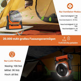 KITWLEMEN 20.000 mAh batteriebetriebener Campingventilator – max. 58 Stunden Kühlung, wiederaufladbarer, batteriebetriebener Tischventilator mit 4 Geschwindigkeiten, helles Licht und Haken zum