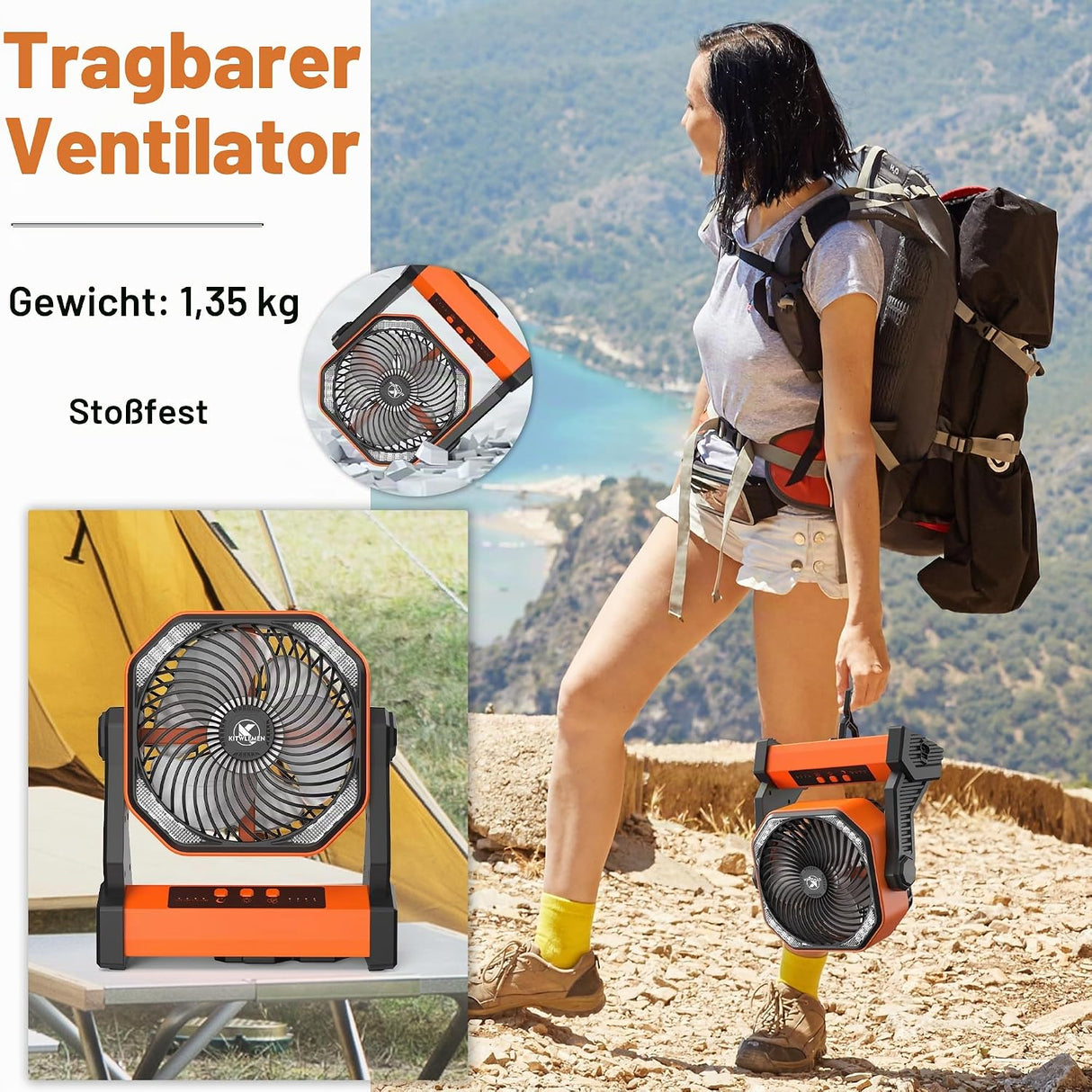 KITWLEMEN 20.000 mAh batteriebetriebener Campingventilator – max. 58 Stunden Kühlung, wiederaufladbarer, batteriebetriebener Tischventilator mit 4 Geschwindigkeiten, helles Licht und Haken zum