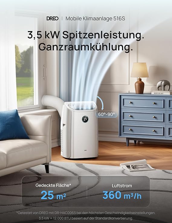DREO 12000 BTU Mobiles Klimagerät (3-in-1 Kühlen/Ventilieren/Entfeuchten)