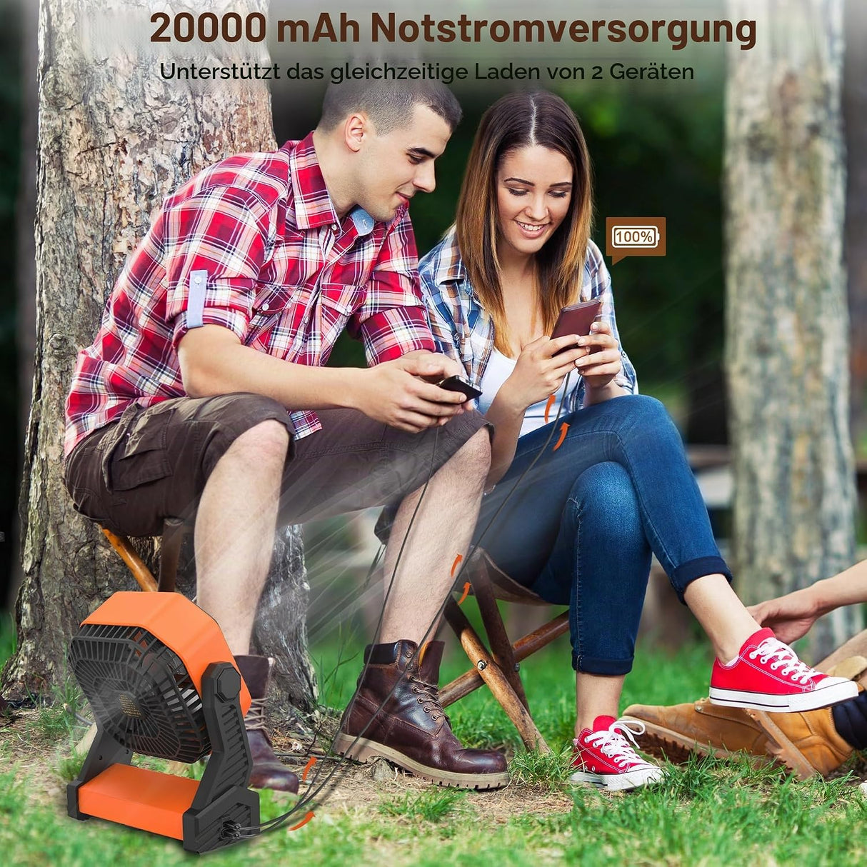 KITWLEMEN 20.000 mAh batteriebetriebener Campingventilator – max. 58 Stunden Kühlung, wiederaufladbarer, batteriebetriebener Tischventilator mit 4 Geschwindigkeiten, helles Licht und Haken zum